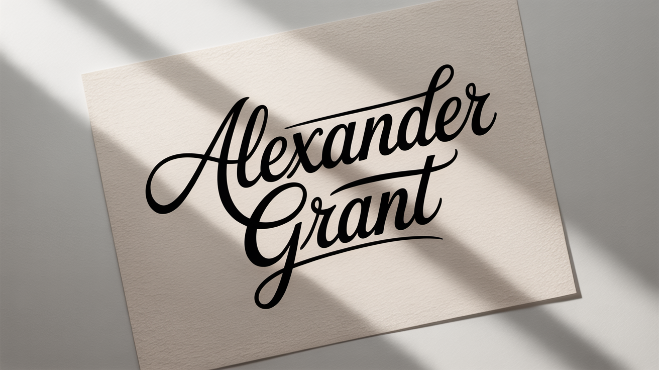 A photorealistic mockup of the name 'Alexander Grant' written in a sophisticated, black calligraphic script on textured white paper, set against a plain white background.