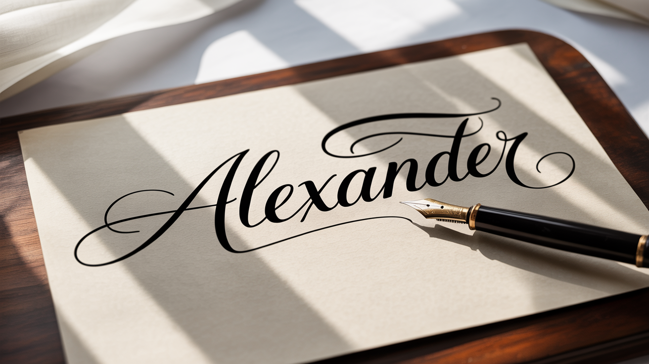 A mockup showing the name 'Alexander' written in elegant black calligraphy on textured paper, with a fountain pen next to it on a white background.