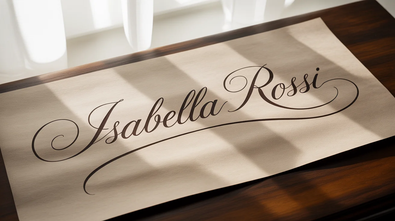 A mockup of the name "Isabella Rossi" written in a beautiful, flowing black calligraphy script on a piece of textured off-white paper, set against a clean white background.