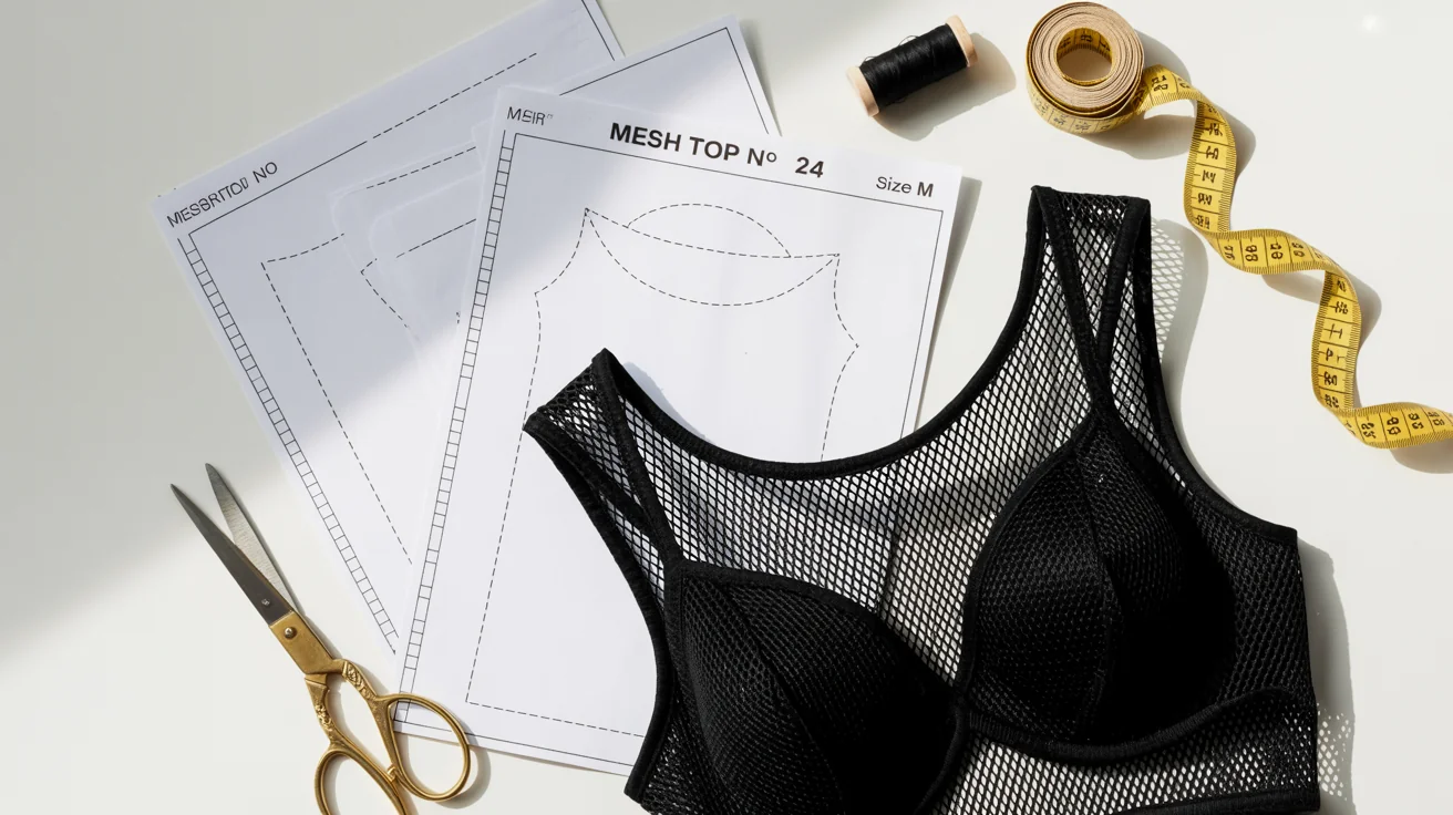 A flat lay of a sewing pattern for a black mesh top, displayed with a finished garment, scissors, and a measuring tape on a white background.
