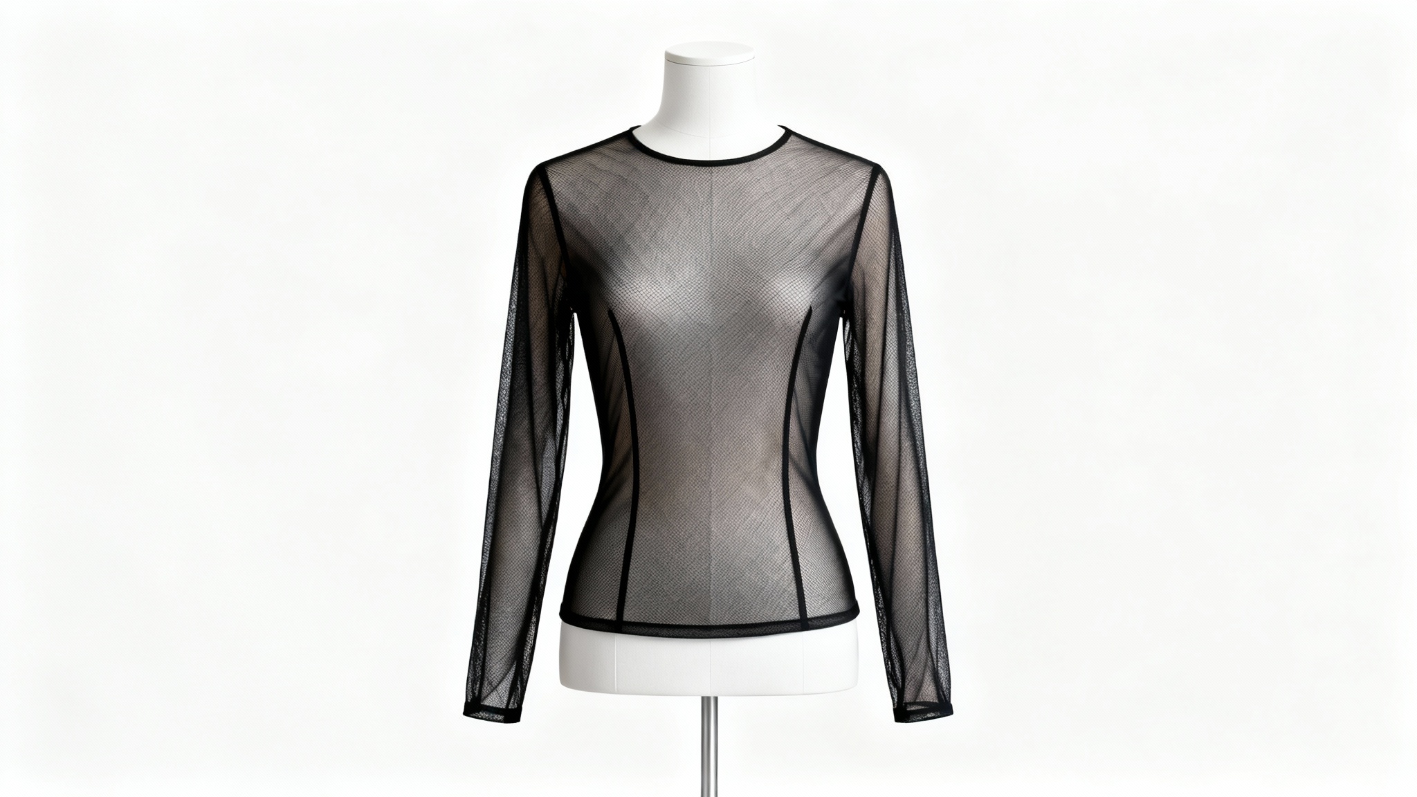 A stylish long-sleeved black mesh top on a white tailor's dummy, shown against a plain white background to represent a finished sewing pattern project.