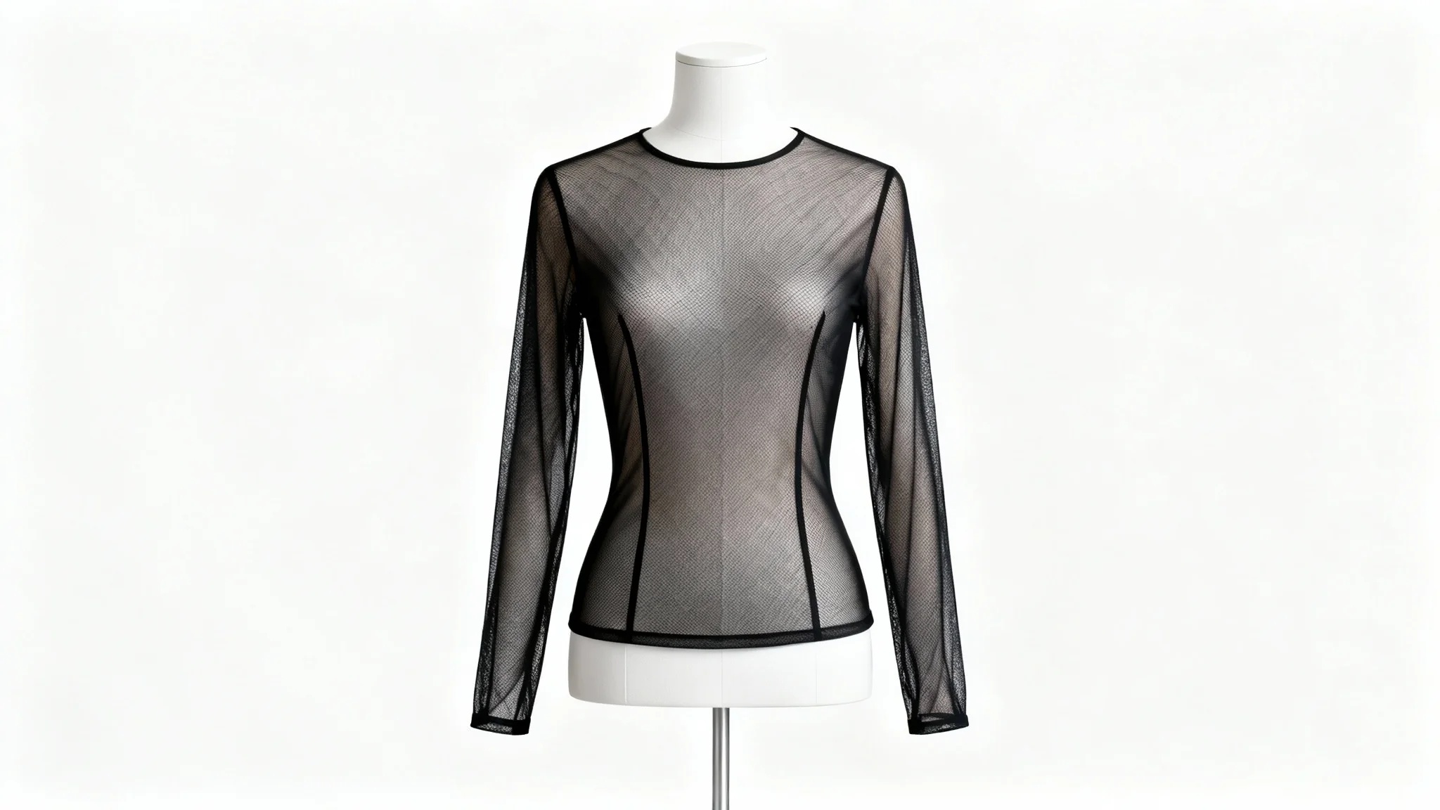 A stylish long-sleeved black mesh top on a white tailor's dummy, shown against a plain white background to represent a finished sewing pattern project.