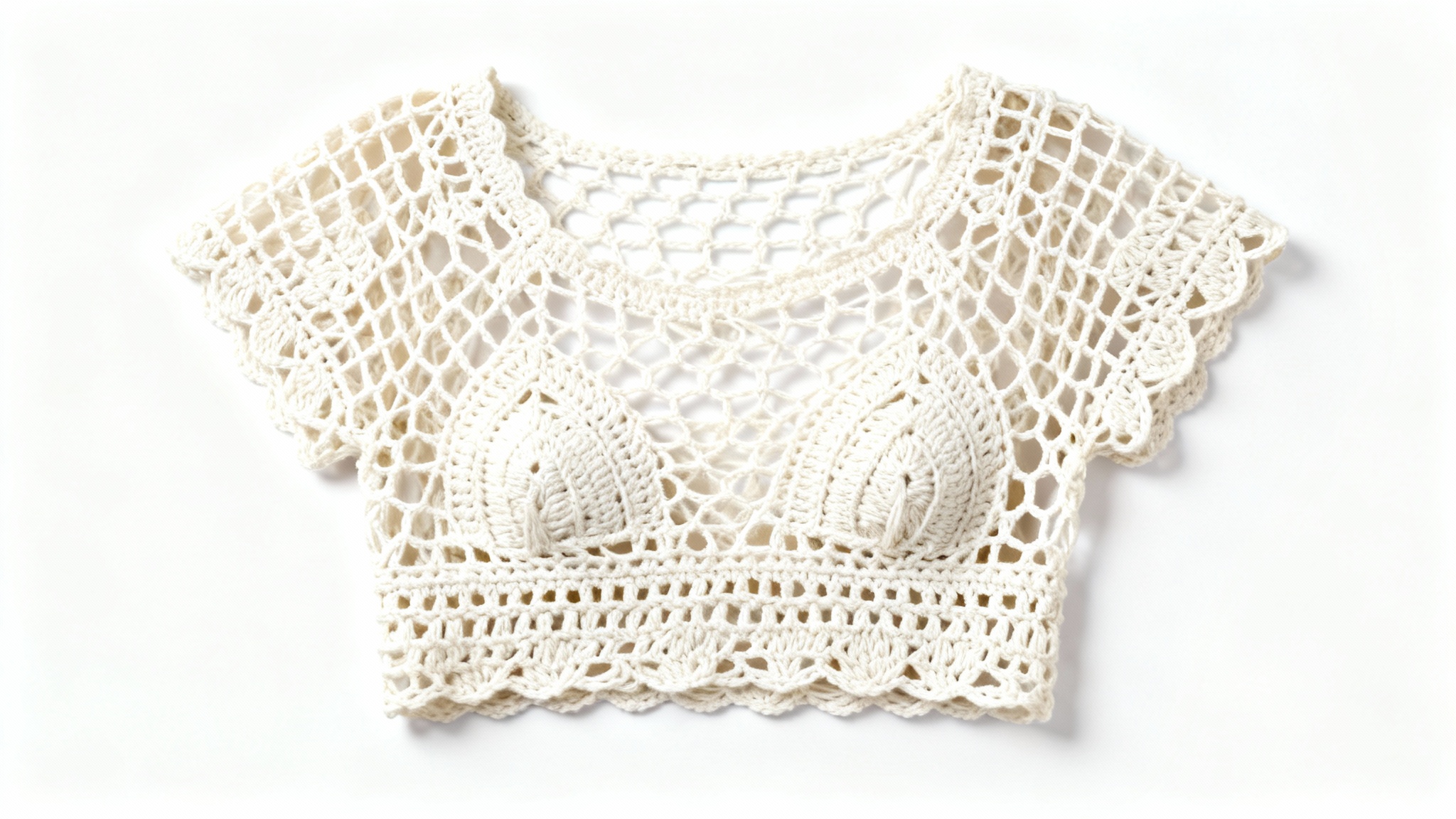 A delicate, off-white crocheted mesh top laid flat on a clean white background, showcasing a pattern for a handmade garment.
