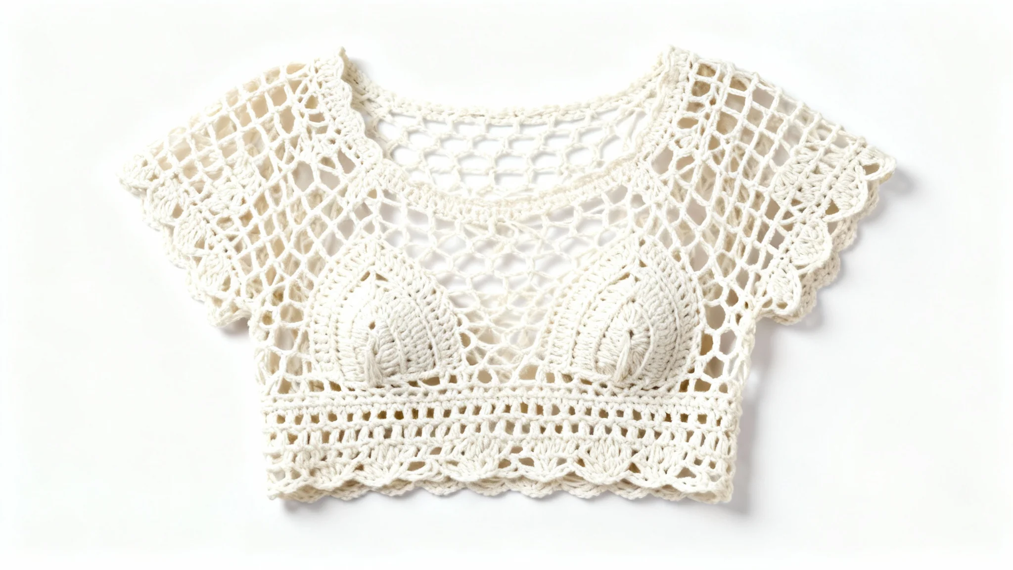 A delicate, off-white crocheted mesh top laid flat on a clean white background, showcasing a pattern for a handmade garment.