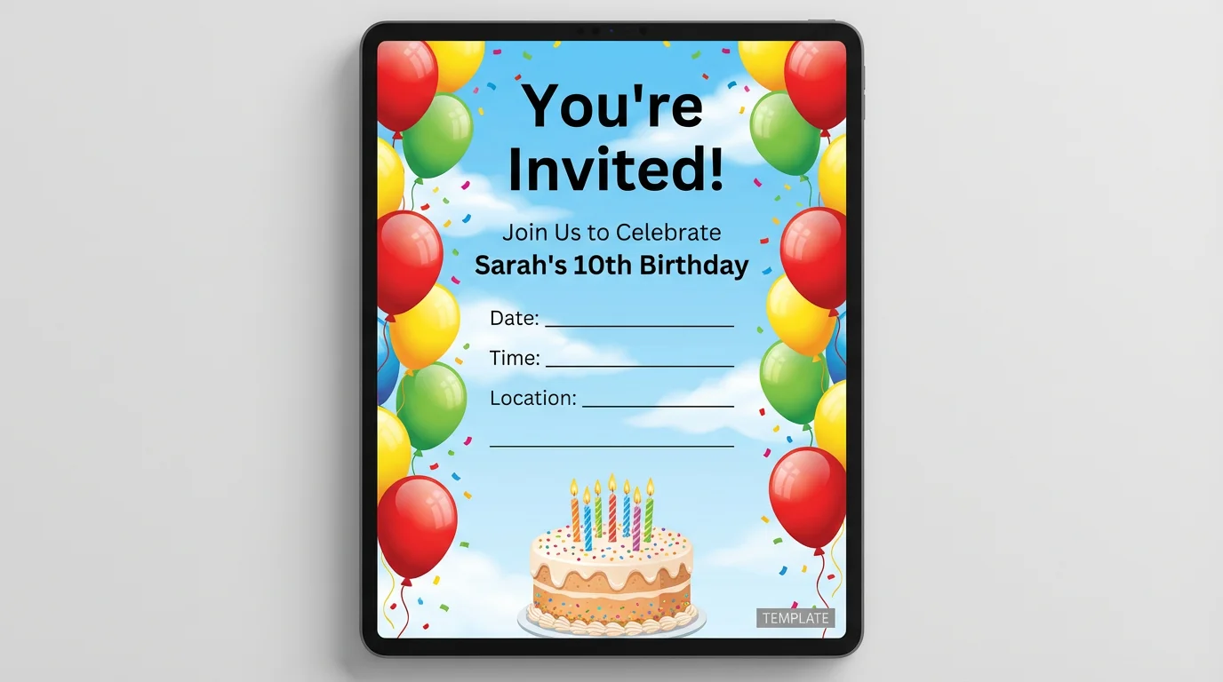 A final, polished birthday invitation design showing a blue sky, colorful balloons, a birthday cake, and elegant placeholder text for a party.