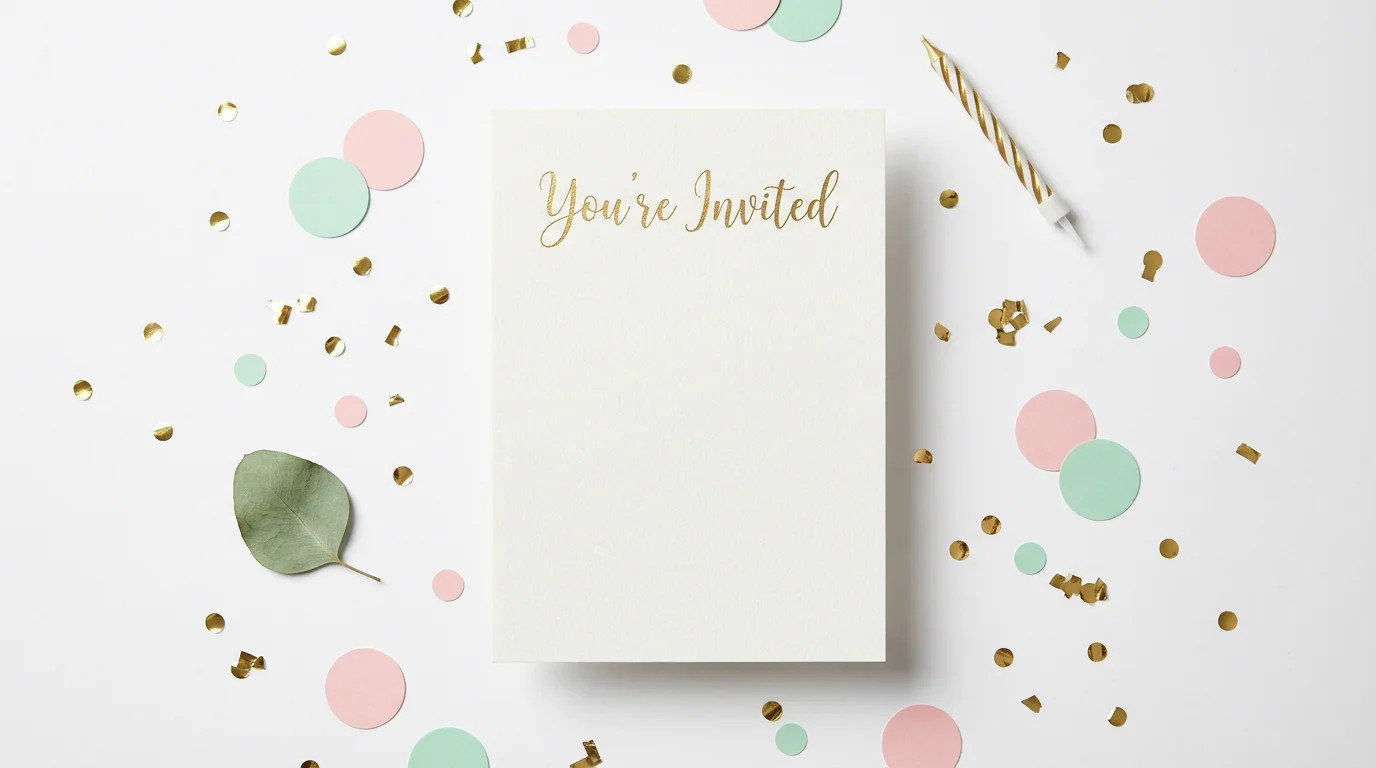 A modern, minimalist mockup of a vertical birthday invitation background. A blank card with the text "You're Invited" in gold foil sits on a white background, surrounded by confetti and a single birthday candle.