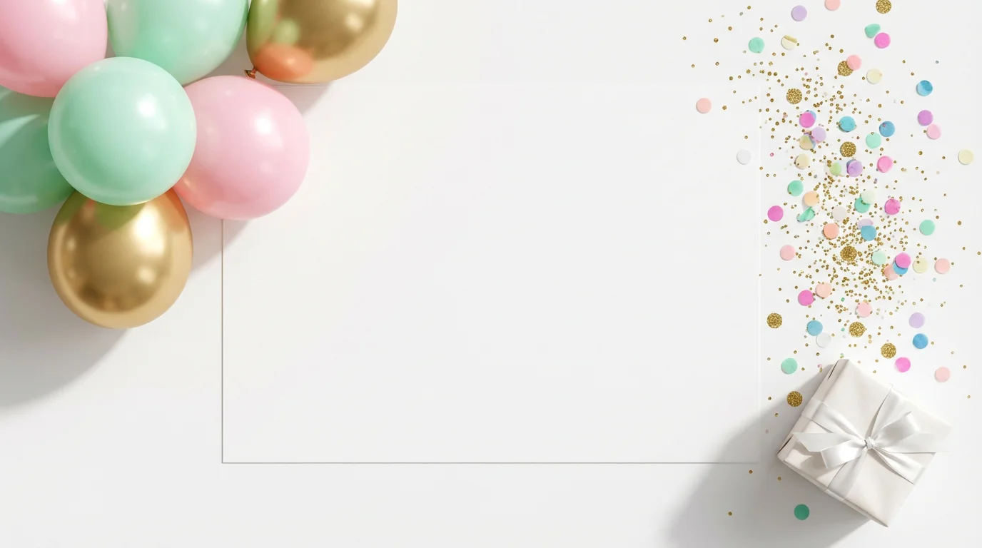 A modern birthday invitation background with pastel and gold balloons, confetti, and a small gift box artfully arranged on a clean white background, leaving a large empty space in the center.