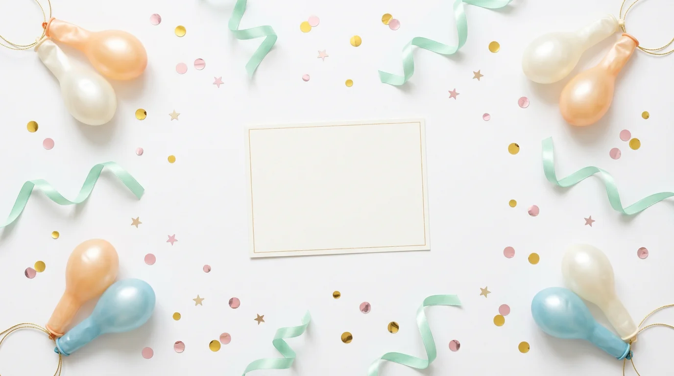 A festive birthday invitation background design shown as a flat lay on a white surface, featuring scattered gold and pastel confetti, mint green ribbons, and pearlescent balloons.