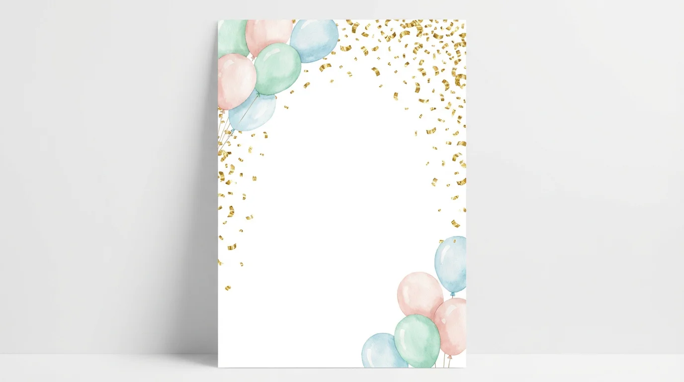 A modern birthday invitation background with pastel watercolor balloons and gold confetti framing a blank white central space, ready for text.