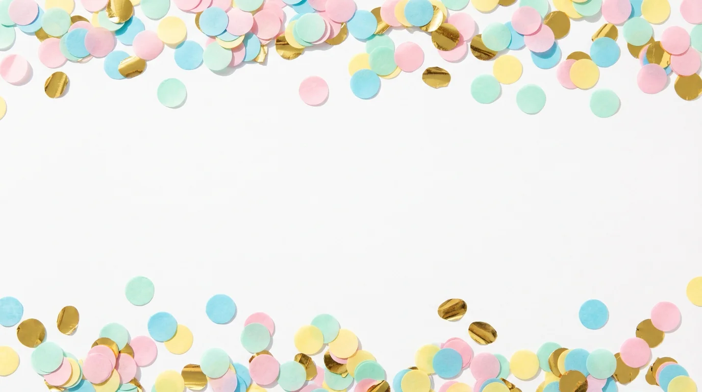 A minimalist birthday invitation background showing colorful pastel and gold confetti scattered on a white surface, with a clear space in the middle for text.