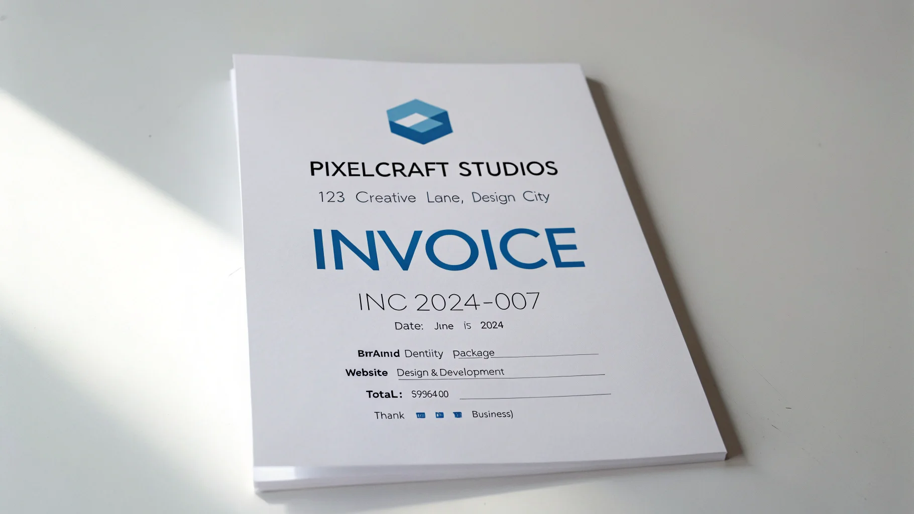 A professional and modern invoice mockup from 'PixelCraft Studios' for services like brand identity and web design, set against a white background.