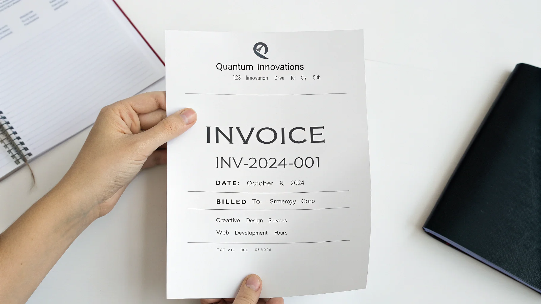 A professionally designed business invoice for a fictional company, 'Quantum Innovations', lying flat on a white background. The invoice is clean, modern, and easy to read.