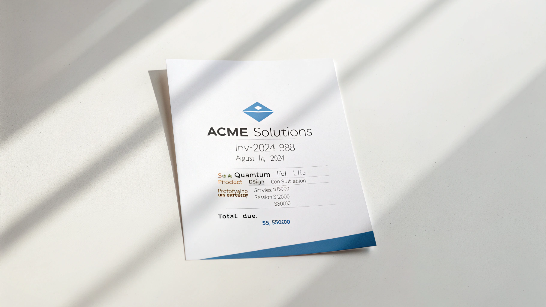 A clean, professional business invoice from 'Acme Solutions' for 'Quantum Tech LLC', laid flat on a pure white background. The invoice is for services totaling $5,550.00.