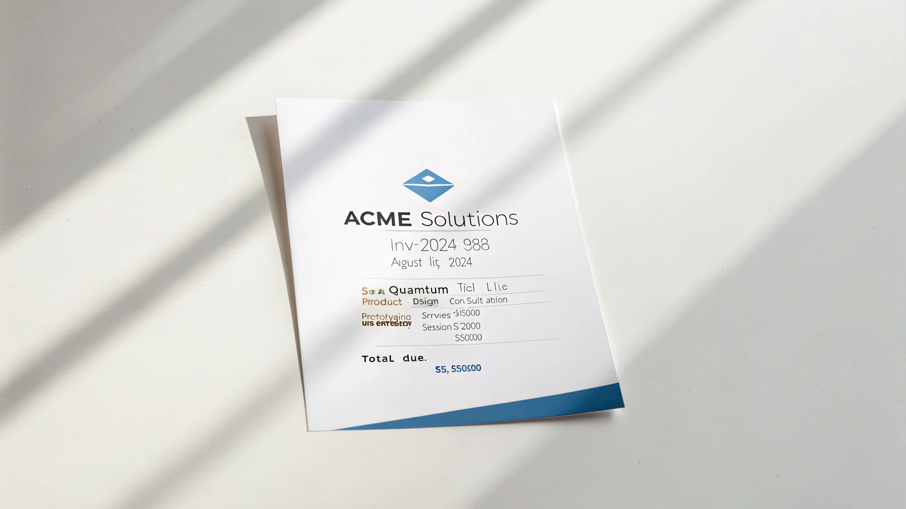 A clean, professional business invoice from 'Acme Solutions' for 'Quantum Tech LLC', laid flat on a pure white background. The invoice is for services totaling $5,550.00.