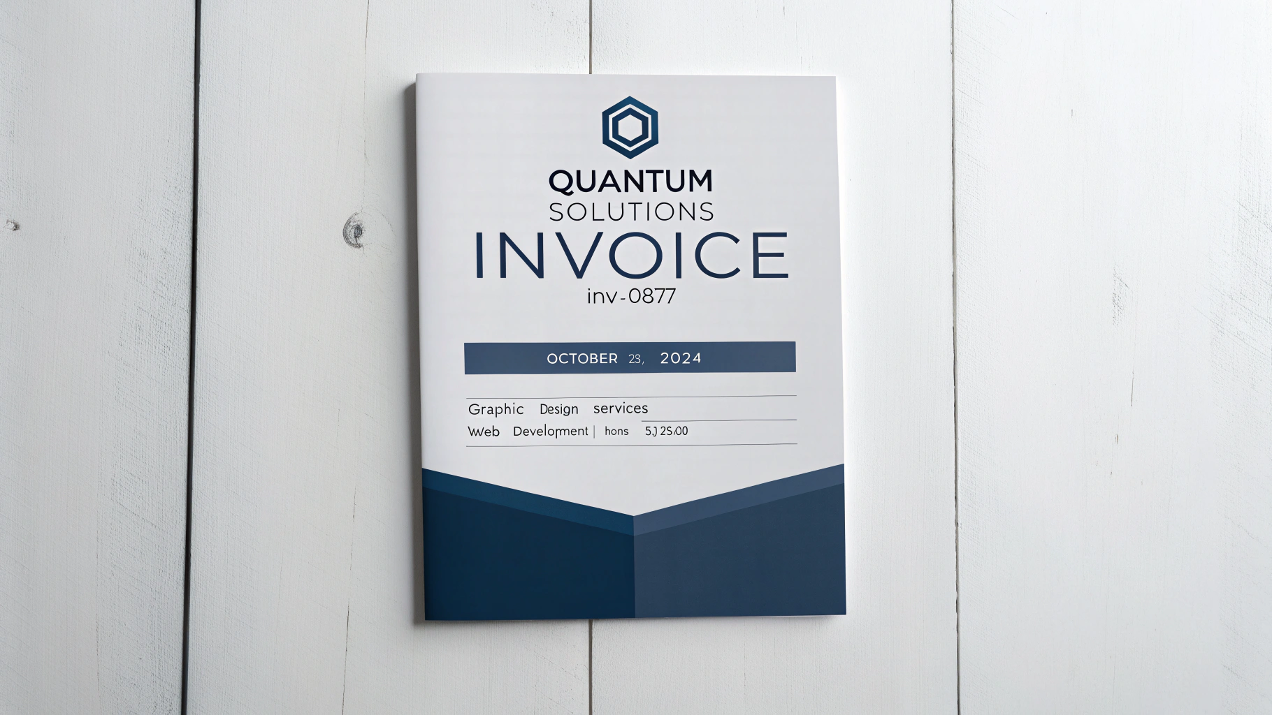 A mockup of a clean, modern business invoice from 'Quantum Solutions' lying on a white background, representing a perfectly edited invoice.