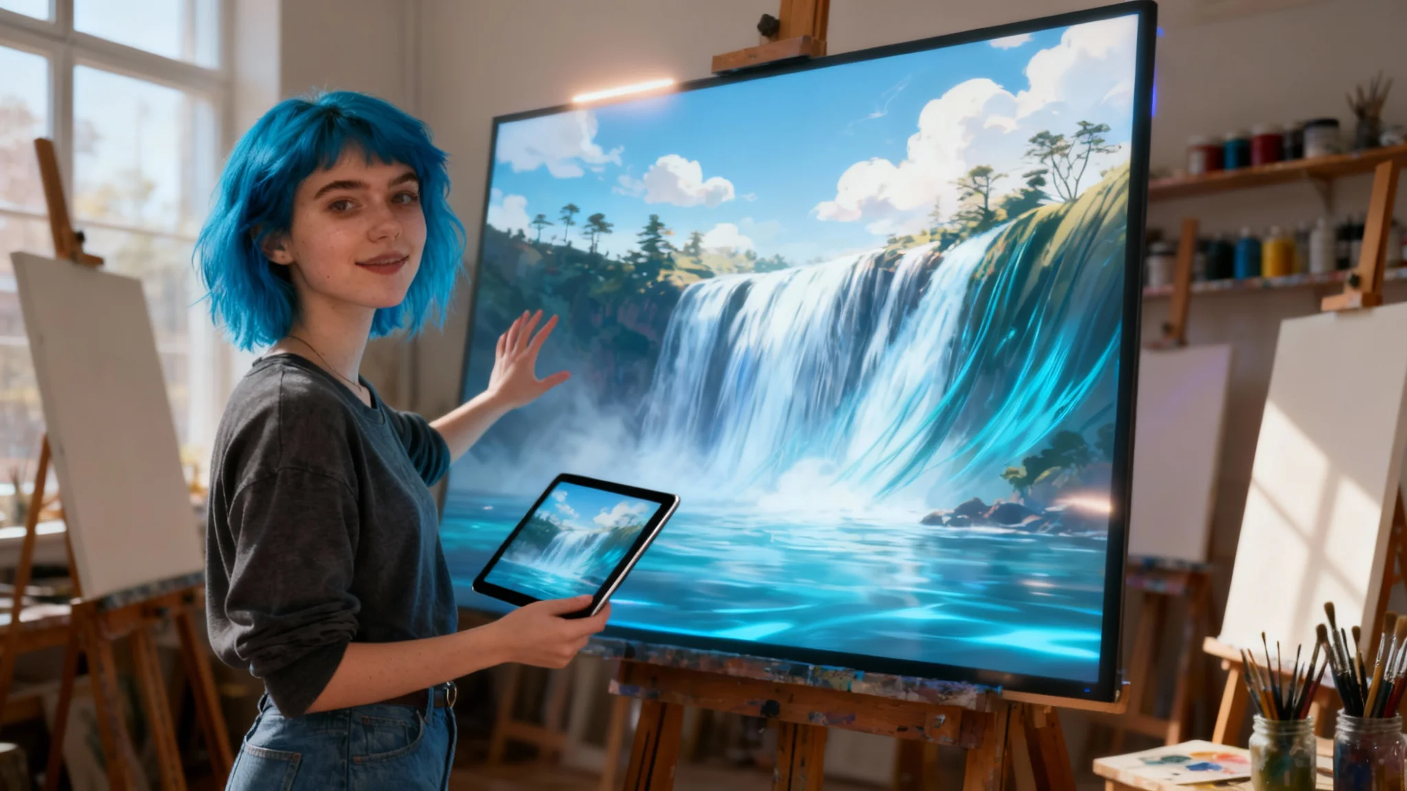 A young woman with blue hair in an art studio demonstrates an image-to-animation tool. She points to a large canvas where a still landscape photo has come to life with an animated waterfall and swaying trees. A tablet in her other hand also shows the animated result.