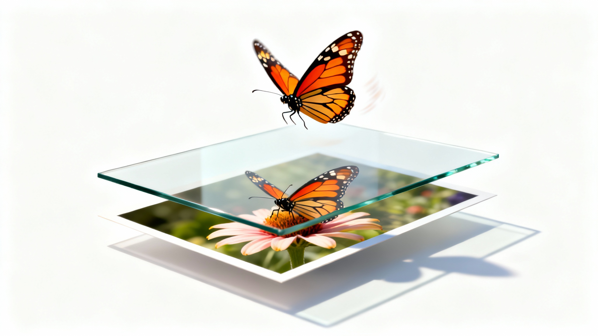 A conceptual image showing a static photo of a butterfly on a flower, with an animated version of the butterfly flying above it, symbolizing an image-to-animation conversion.