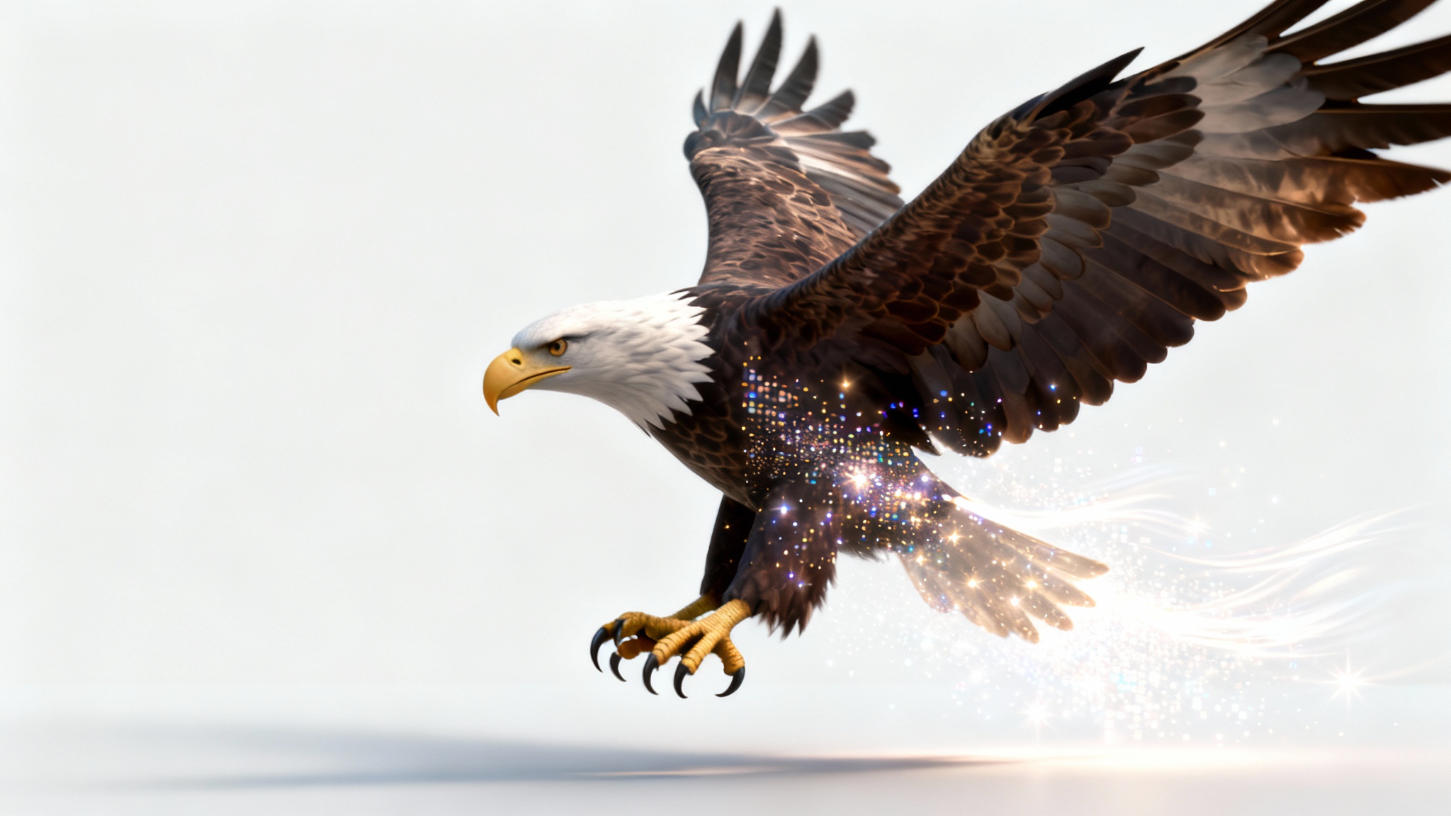 An eagle in mid-flight transitions from a flat 2D photograph on the left to a dynamic 3D animation on the right against a white background, visually representing an image-to-animation converter.
