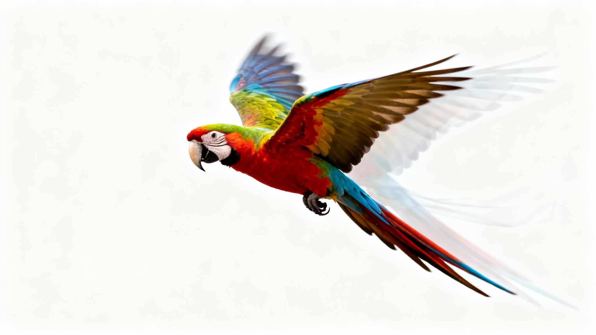 A colorful macaw parrot in mid-flight against a white background, demonstrating an image-to-animation effect where its wings are shown in a sequence of blurred motion frames.