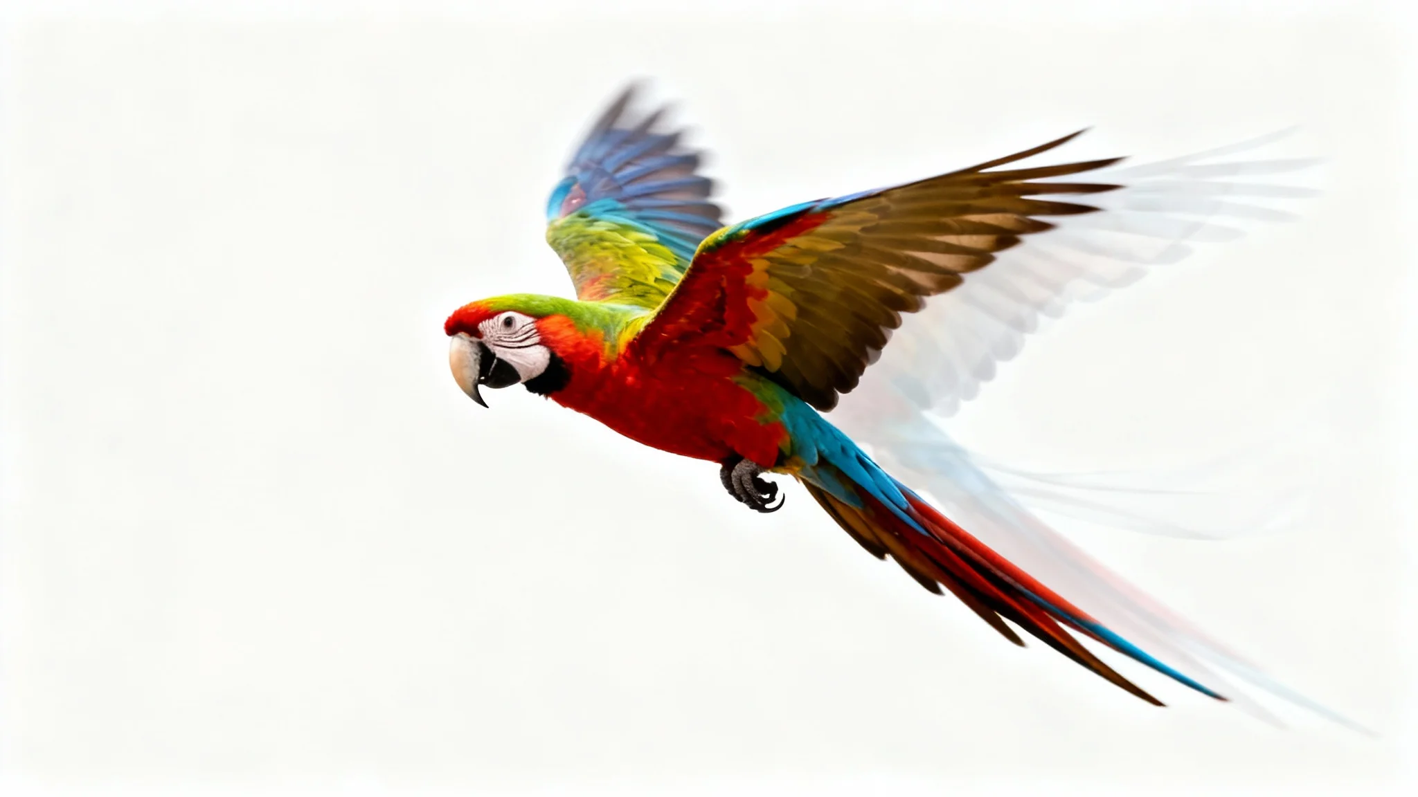 A colorful macaw parrot in mid-flight against a white background, demonstrating an image-to-animation effect where its wings are shown in a sequence of blurred motion frames.