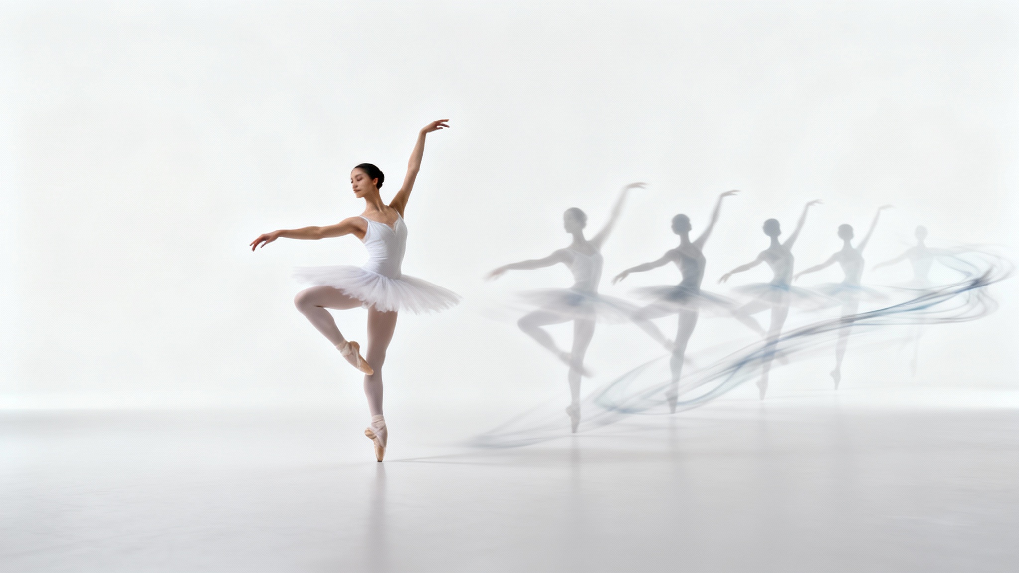 A conceptual mockup for an image to animation converter, showing a static photo of a ballerina which then transitions into a series of motion-blurred frames to represent animation, all on a clean white background.