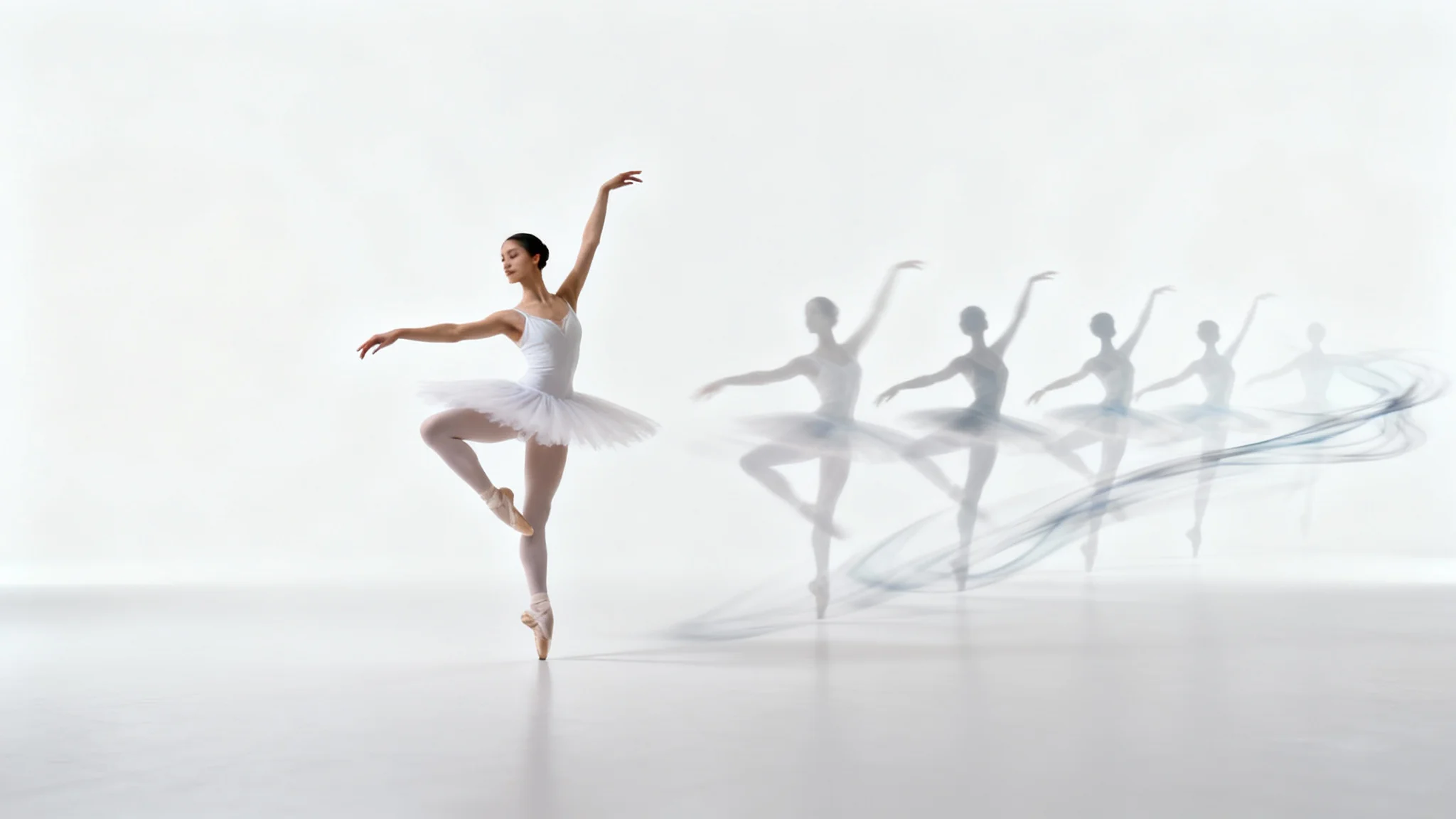 A conceptual mockup for an image to animation converter, showing a static photo of a ballerina which then transitions into a series of motion-blurred frames to represent animation, all on a clean white background.