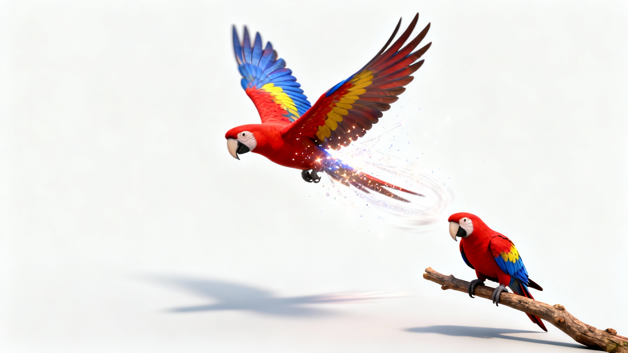 A photorealistic scarlet macaw is shown flying out of a static 2D photograph of itself, symbolizing the transformation from image to animation, set against a plain white background.