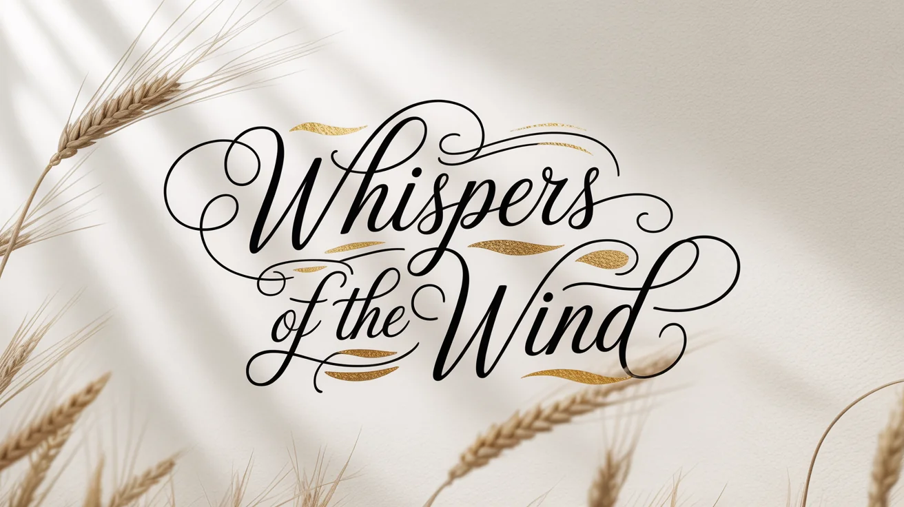 A polished final design of a calligraphy title that reads 'Whispers of the Wind' in an elegant black script with gold accents, centered on a clean white background.