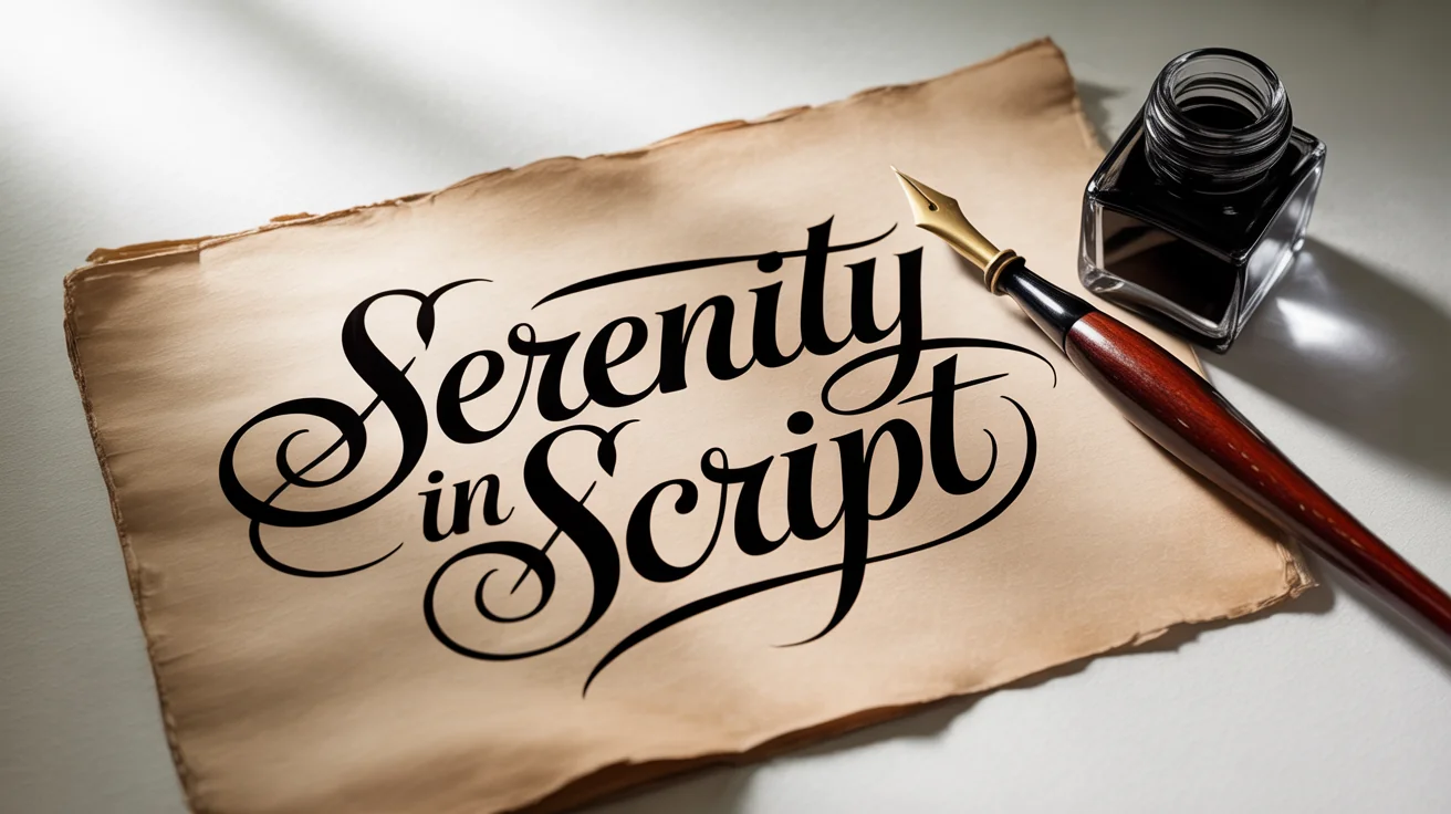 A calligraphy title reading 'Serenity in Script' on textured paper, displayed next to a calligraphy dip pen and an inkwell on a clean white background.
