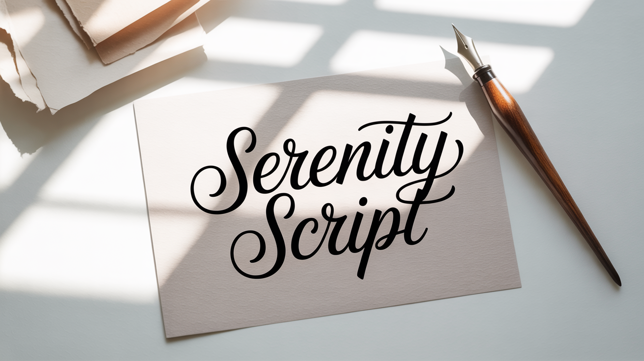 An elegant calligraphy title mockup showing the words 'Serenity Script' written on textured white paper, with a calligraphy pen lying beside it on a clean white background.