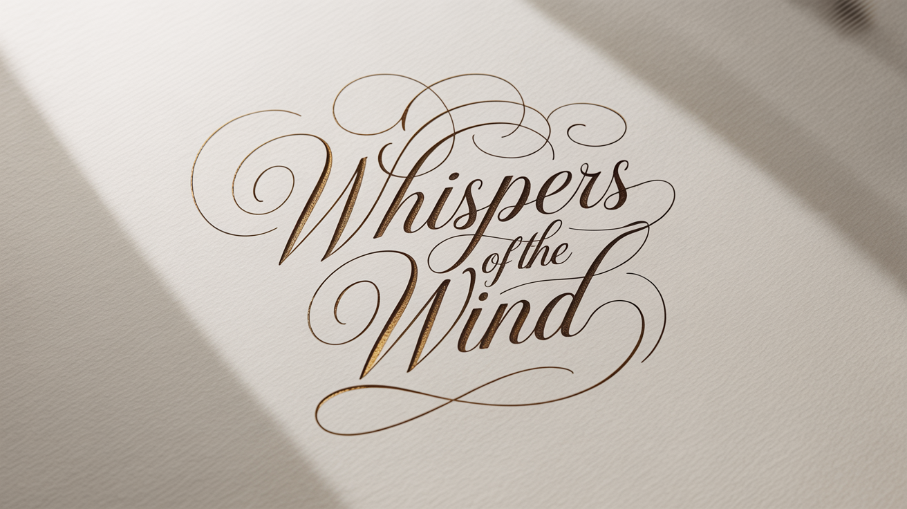 A mockup of a calligraphy title reading 'Whispers of the Wind' in elegant, shimmering gold ink on a piece of textured white paper, set against a plain white background.