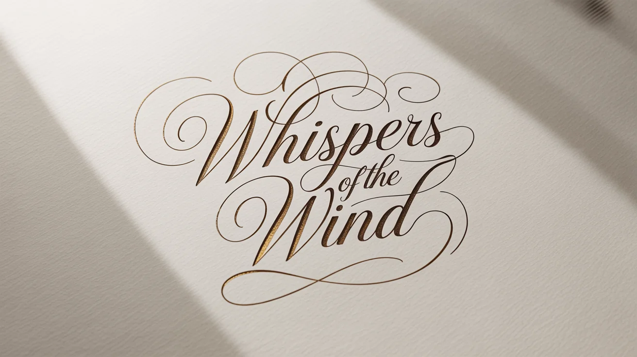 A mockup of a calligraphy title reading 'Whispers of the Wind' in elegant, shimmering gold ink on a piece of textured white paper, set against a plain white background.