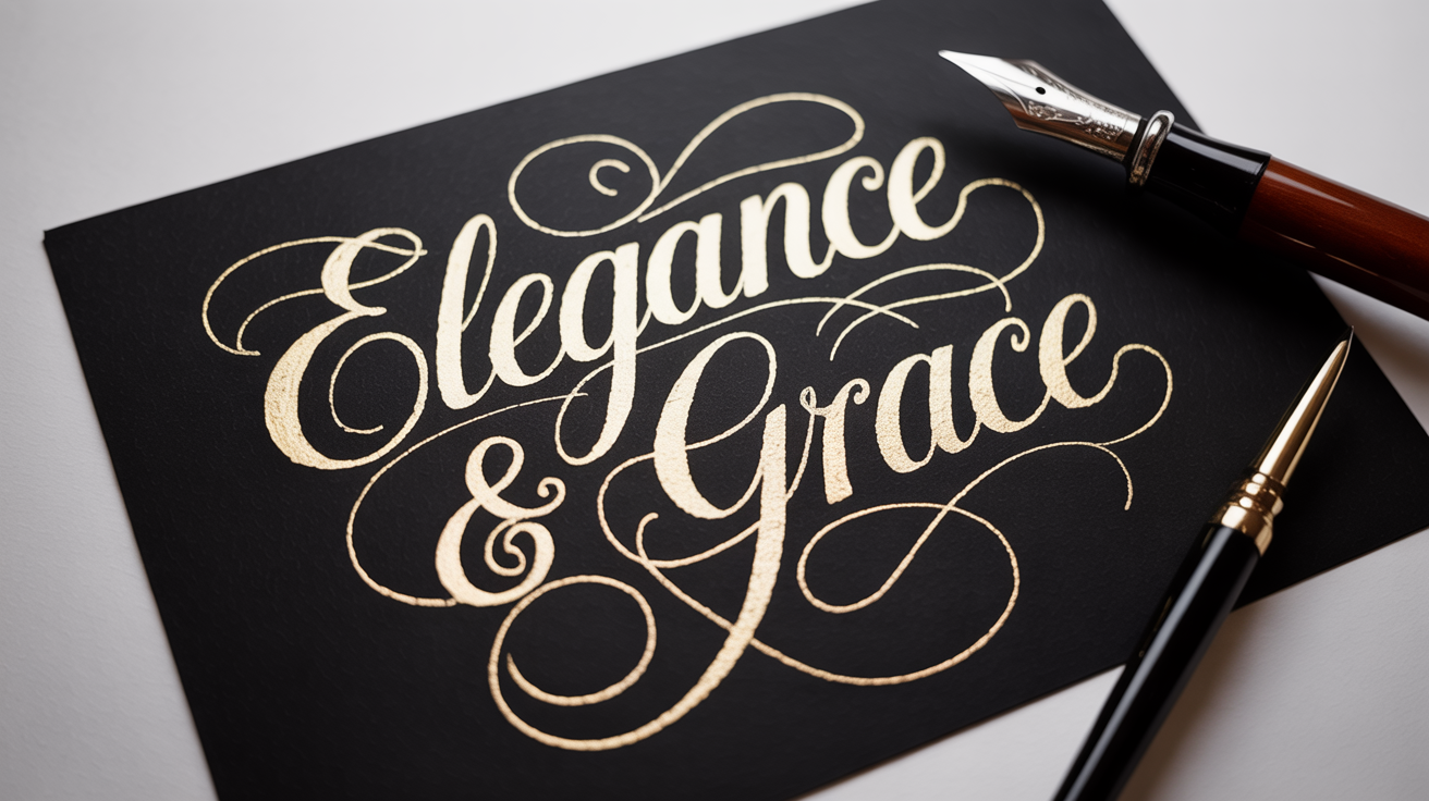 A close-up of a calligraphy title reading 'Elegance & Grace' in glistening gold ink on black paper, with a dip pen next to it, all on a clean white background.