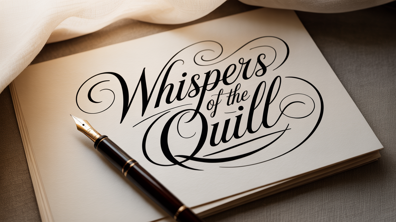 A beautifully scripted calligraphy title reading 'Whispers of the Quill' in black ink on a clean white background, showcasing an elegant and artistic lettering style.