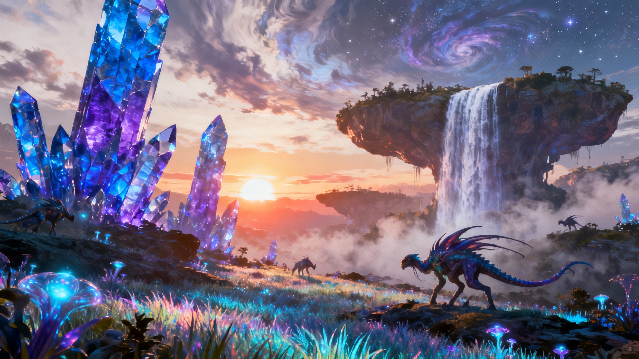 A breathtaking sci-fi concept art landscape showing towering blue and purple crystal structures under a sunset, with a waterfall from a floating island and glowing alien plants.