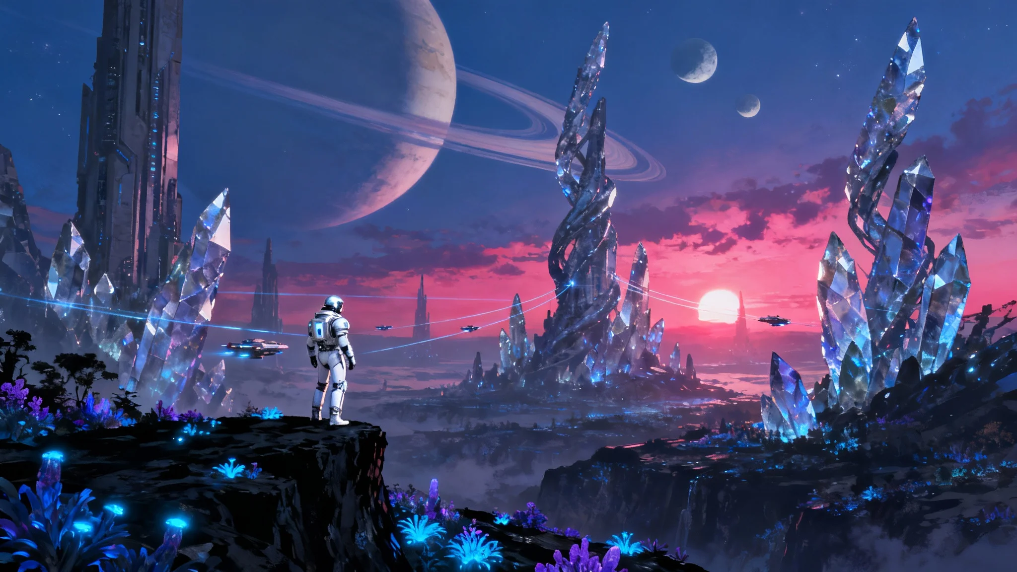 A breathtaking piece of sci-fi concept art depicting a lone explorer on an alien world, looking out at colossal crystalline towers under a vibrant purple and orange sky with a large ringed planet visible.