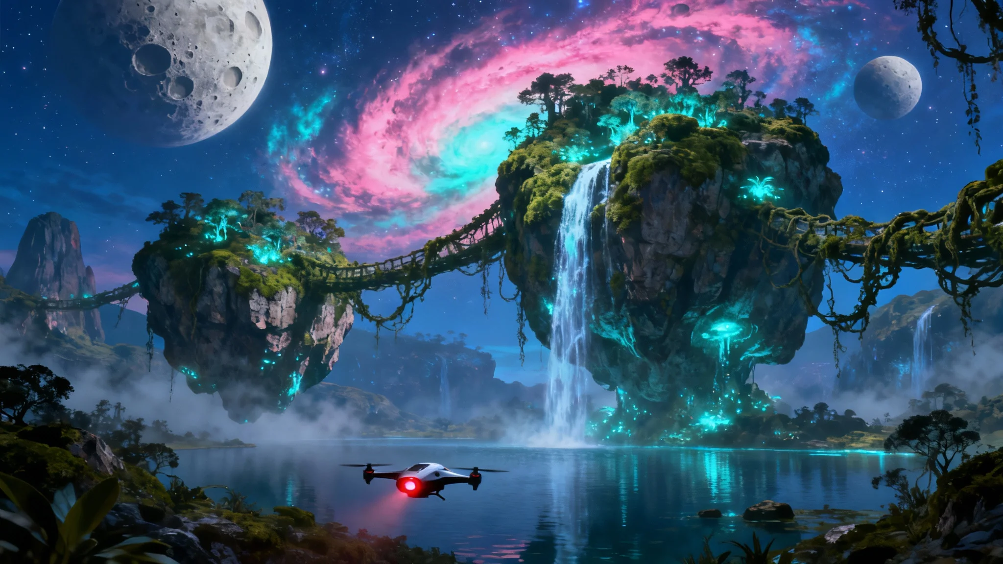 A breathtaking science fiction concept art landscape of an alien planet, featuring floating islands with glowing waterfalls under a nebula-filled sky with two moons.