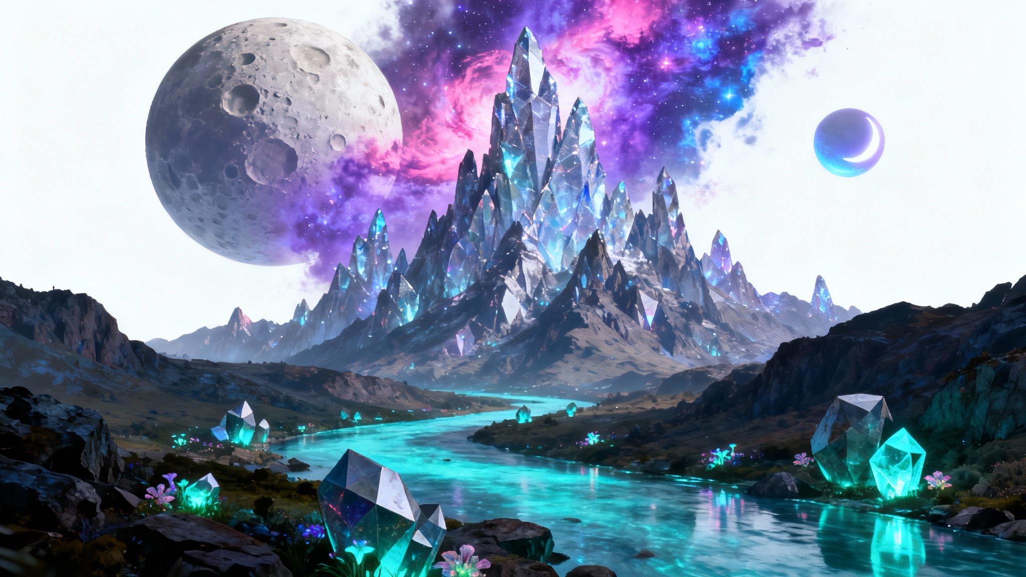 A sci-fi concept art landscape showing massive crystalline mountains under a purple and pink nebula sky with two moons, and a glowing blue river running through the valley.