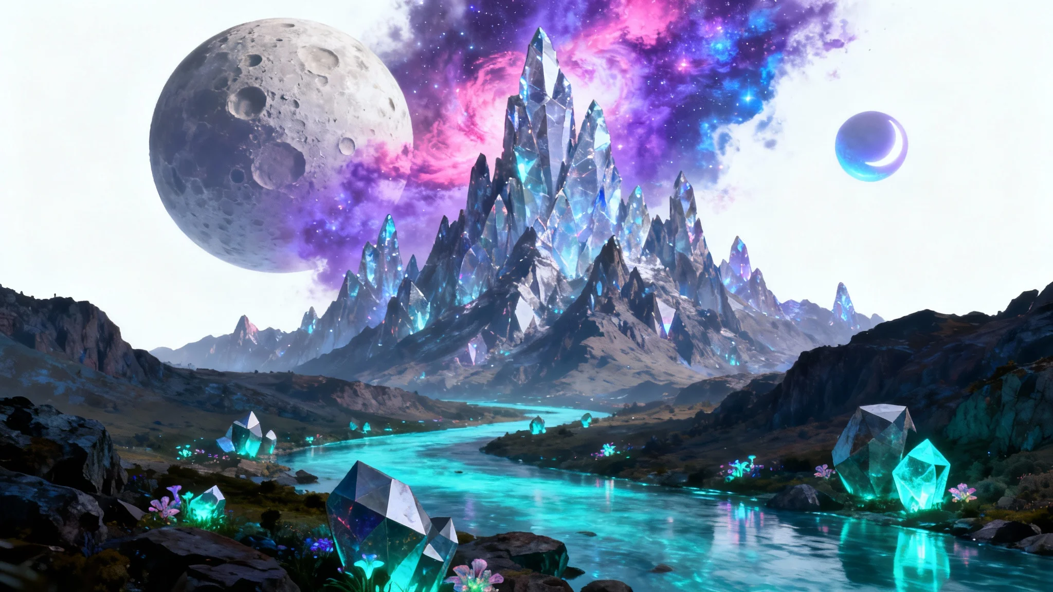 A sci-fi concept art landscape showing massive crystalline mountains under a purple and pink nebula sky with two moons, and a glowing blue river running through the valley.