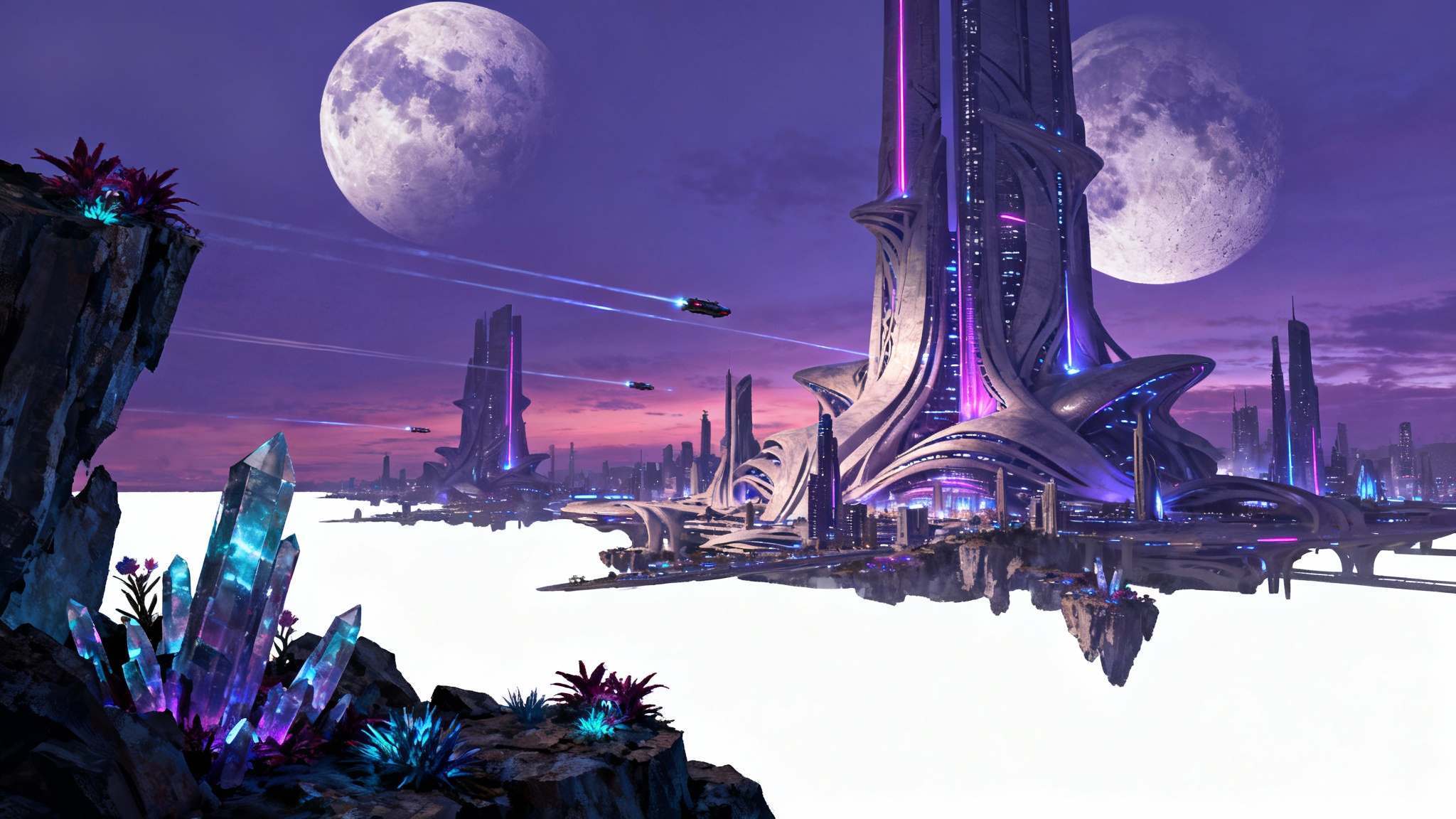 Concept art of a futuristic sci-fi city on an alien planet, featuring towering skyscrapers with glowing lights under a purple sky with two moons.