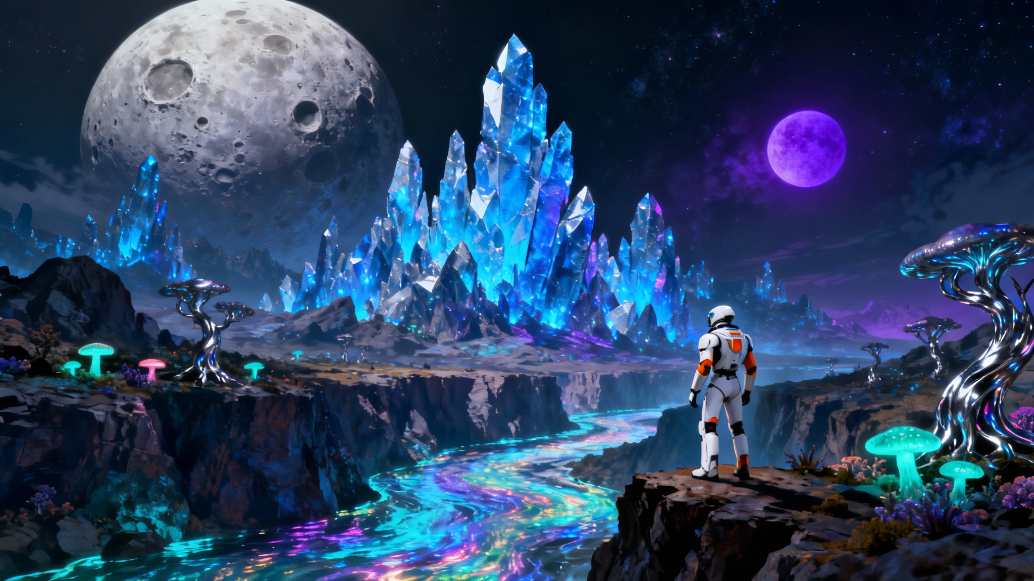 A stunning sci-fi concept art piece depicting a lone explorer looking out over a vast alien landscape with towering blue crystals, a glowing river, and two moons in the sky.
