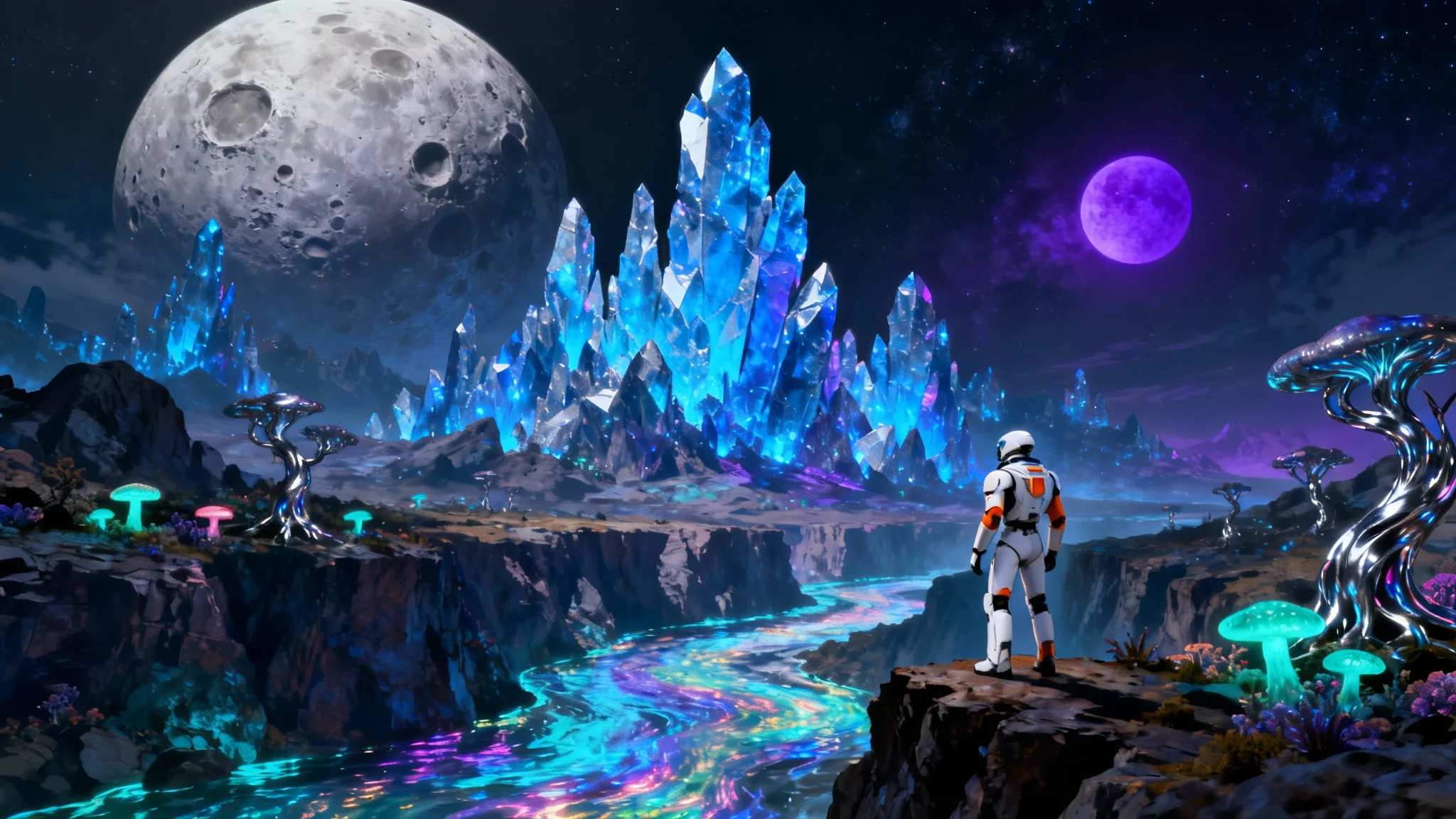 A stunning sci-fi concept art piece depicting a lone explorer looking out over a vast alien landscape with towering blue crystals, a glowing river, and two moons in the sky.