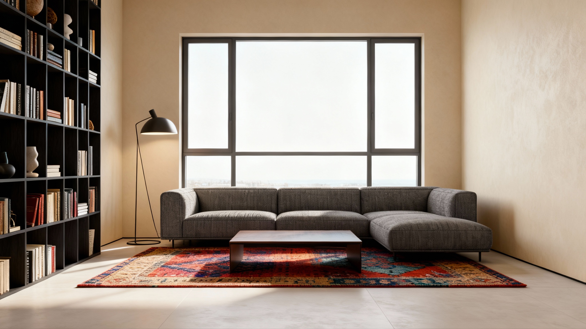 A photorealistic, final render of a modern living room design, featuring a large sectional sofa, a vibrant area rug, a large window letting in natural light, and stylish decor.