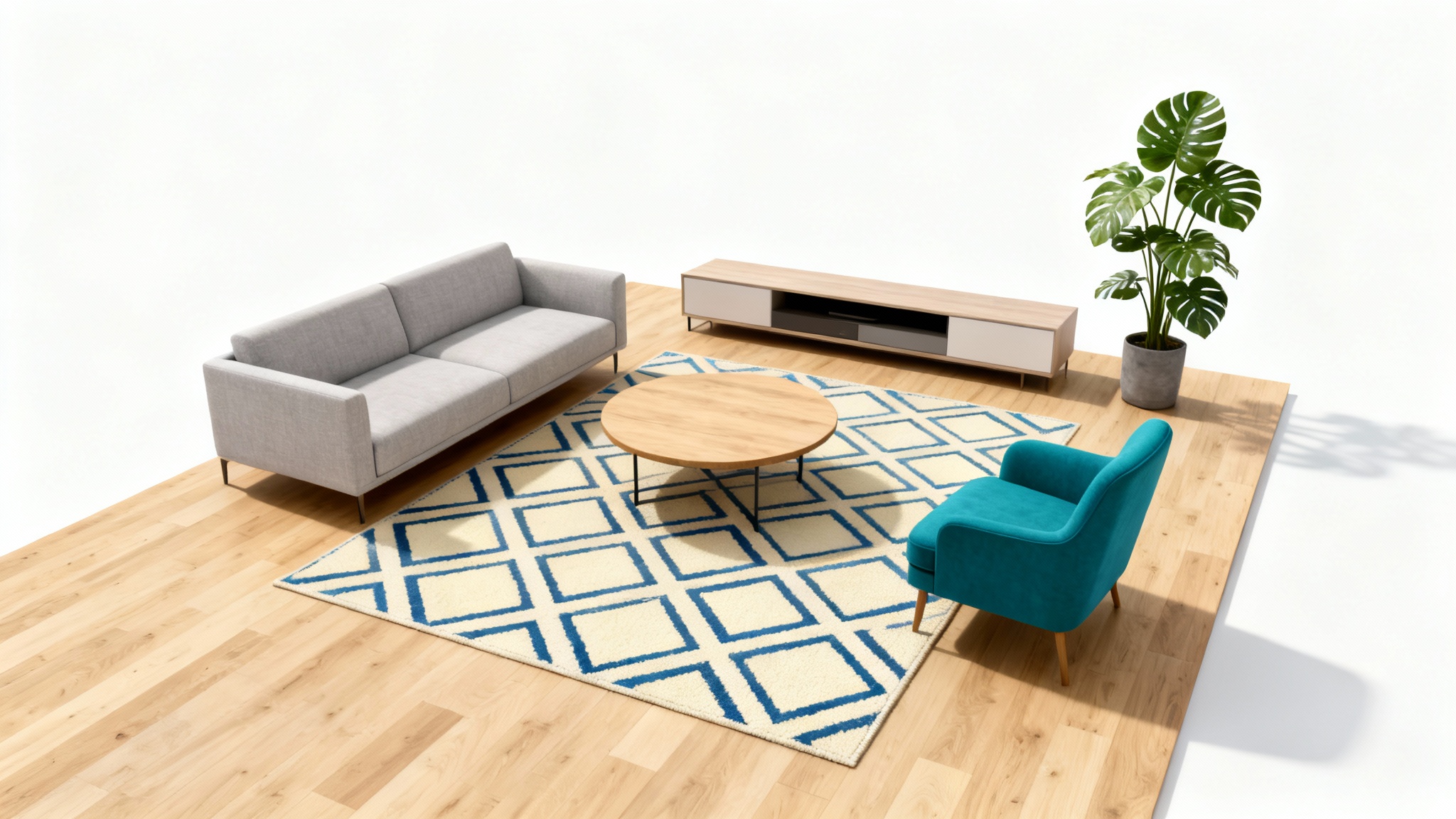 A 3D isometric render of a modern living room layout, featuring a gray sectional sofa, a teal armchair, and a wooden coffee table, all displayed on a clean white background.