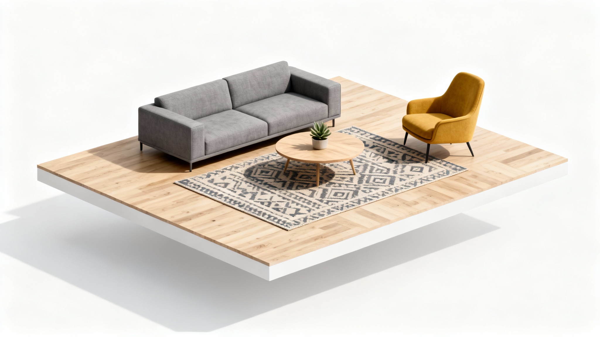 A photorealistic 3D isometric view of a modern living room layout, showing the furniture arrangement on a clean white background.