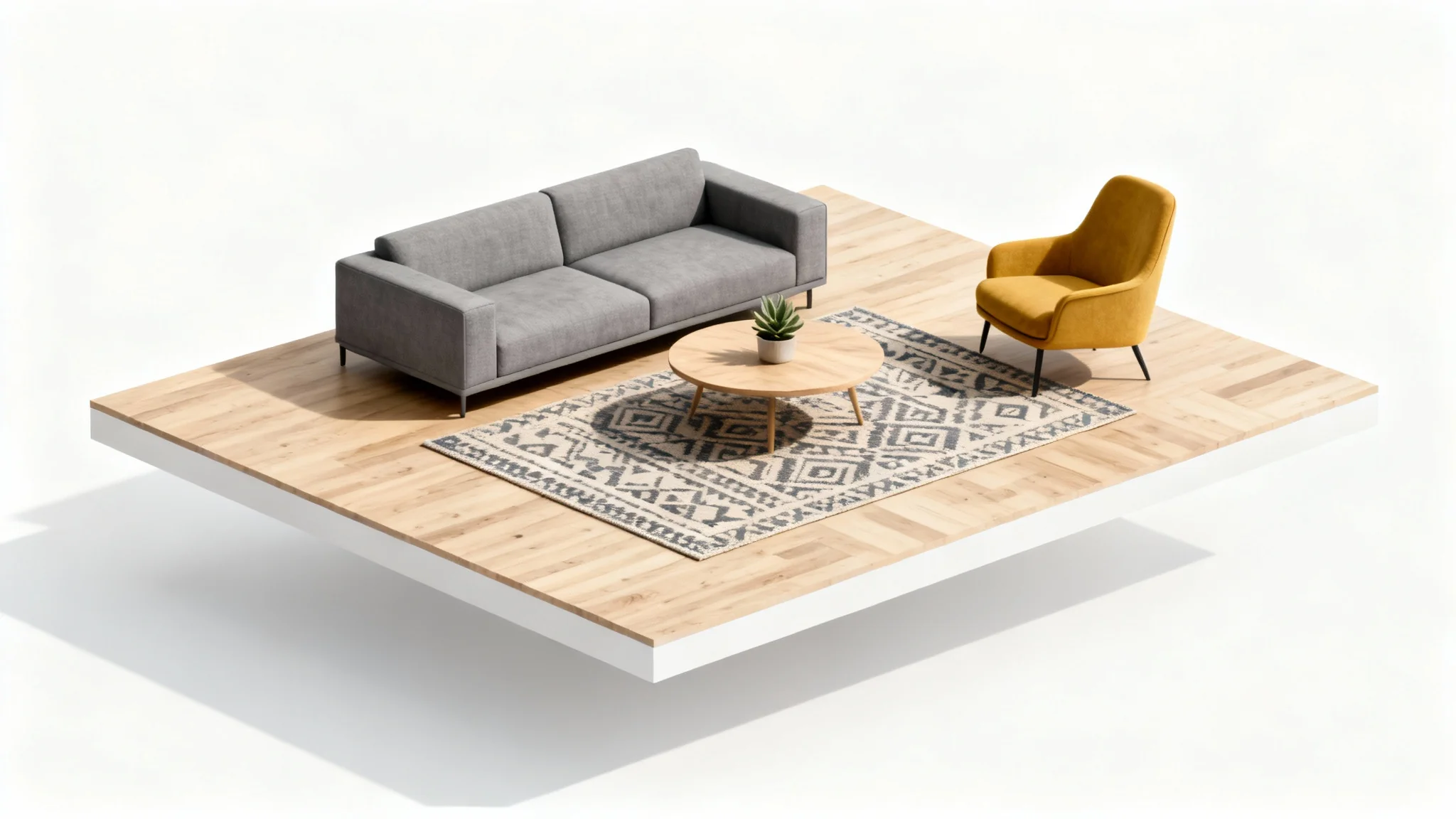 A photorealistic 3D isometric view of a modern living room layout, showing the furniture arrangement on a clean white background.