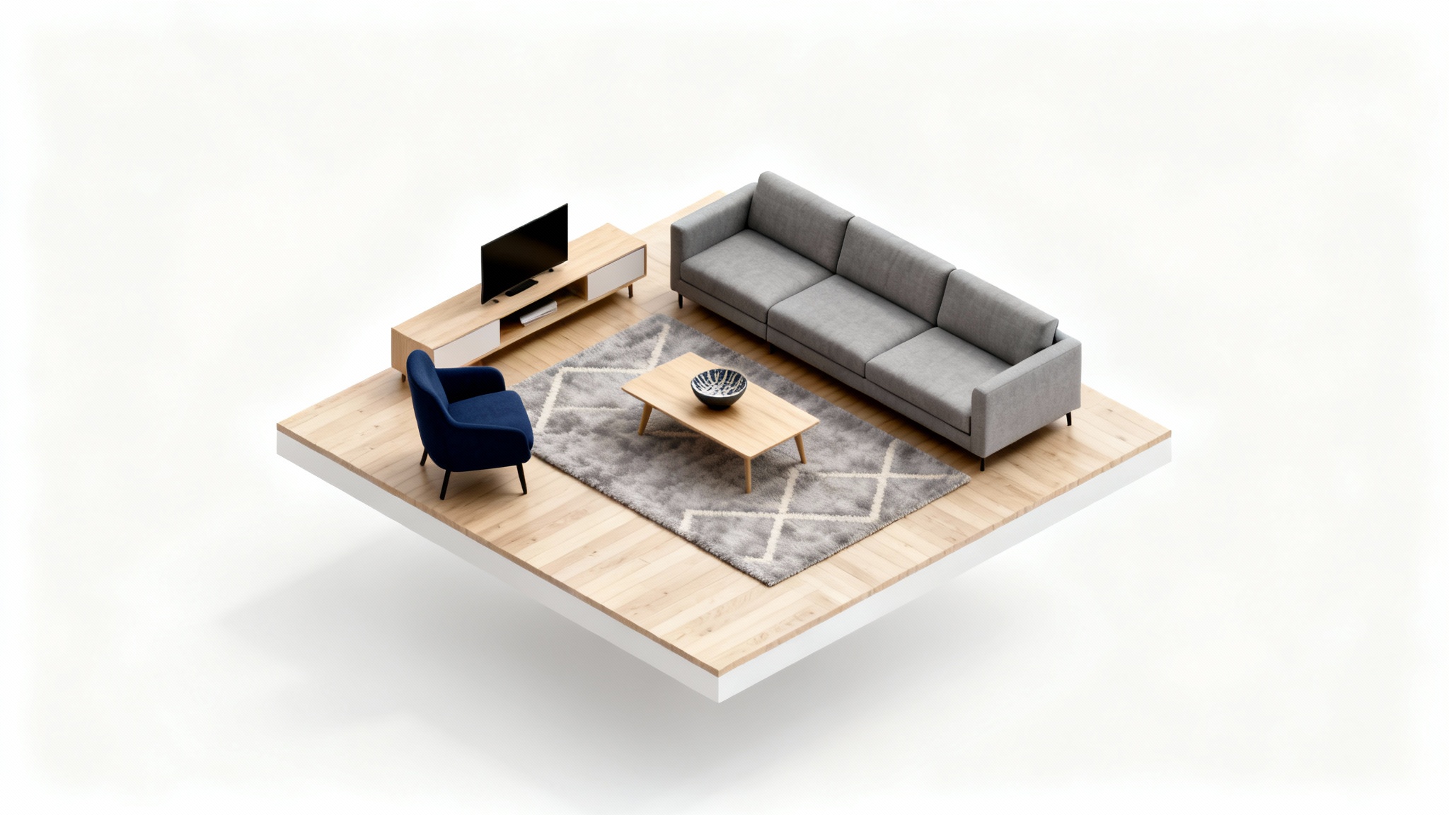 A 3D render of a modern living room layout shown from an isometric perspective, featuring a sofa, armchair, and coffee table, all isolated on a clean white background.