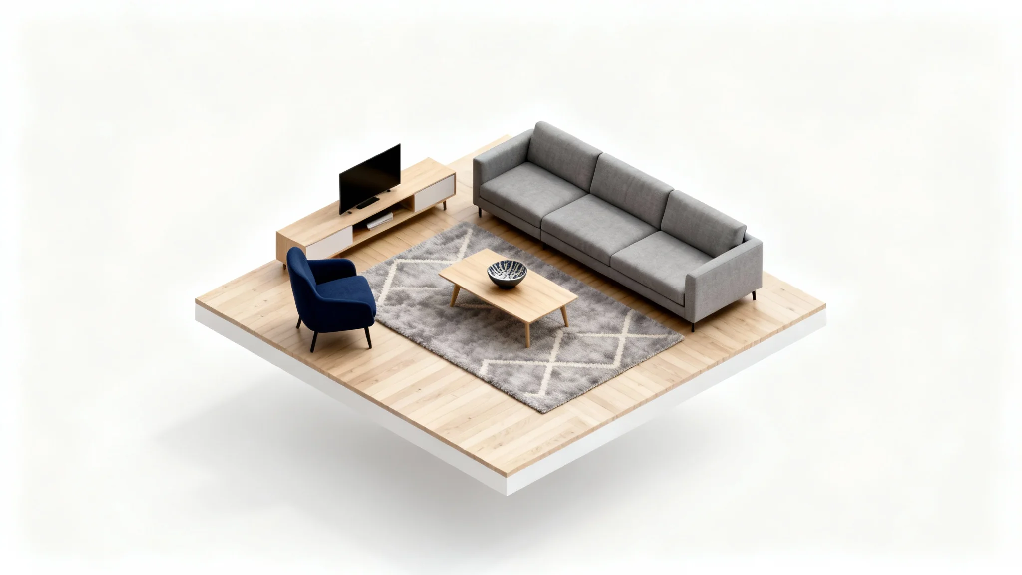 A 3D render of a modern living room layout shown from an isometric perspective, featuring a sofa, armchair, and coffee table, all isolated on a clean white background.