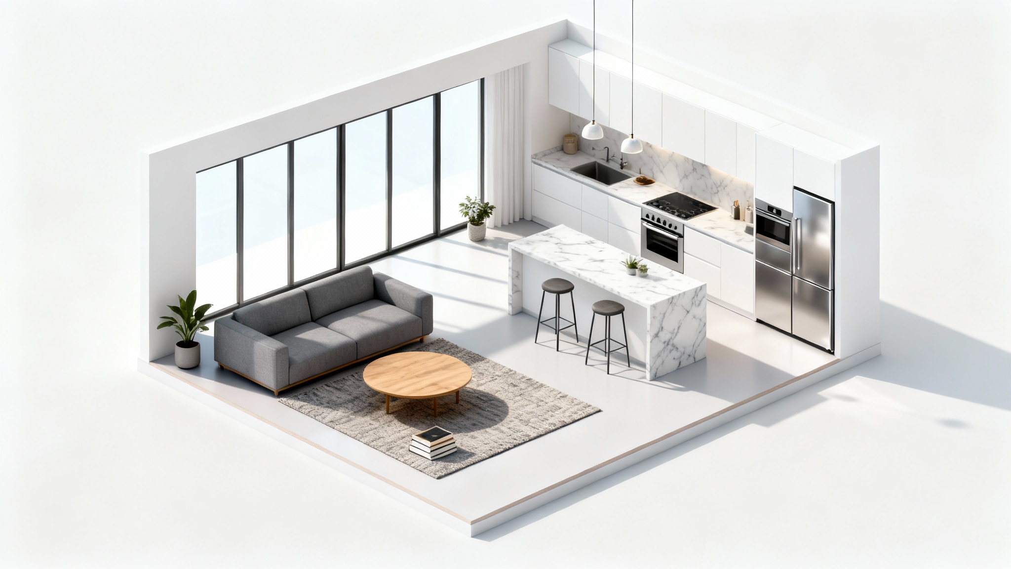 A photorealistic 3D isometric model of a modern living room and kitchen layout, shown as a cutaway against a plain white background, highlighting interior design and spatial planning.