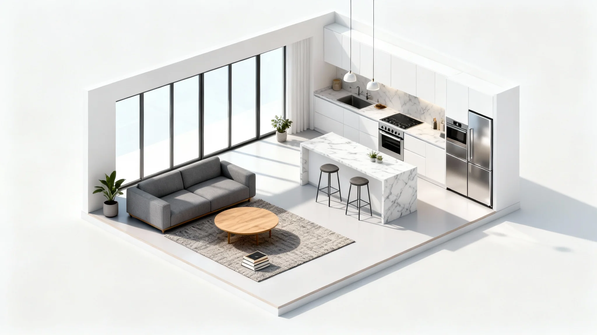 A photorealistic 3D isometric model of a modern living room and kitchen layout, shown as a cutaway against a plain white background, highlighting interior design and spatial planning.